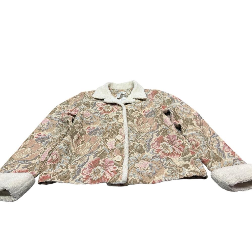 Coldwater Creek Tapestry Floral Jacket Sherpa Trim Cottagecore M - Picture 3 of 12
